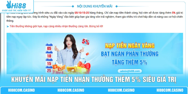 Khuyến Mãi Nạp Tiền Hi88 Giá Trị 5% Đến 20% Cho Hội Viên 3 Khuyến mãi nạp tiền nhận thưởng thêm 5% siêu giá trị